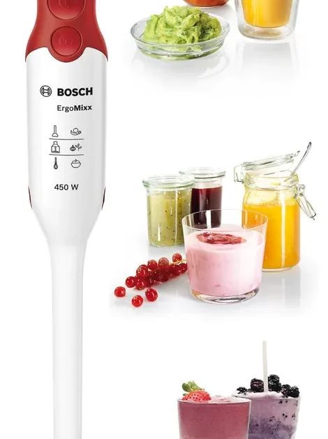 BRAS MIXEUR BOSCH 450W AVEC BOL PIED PLASTIQUE BLANC ROUGE MSM64010